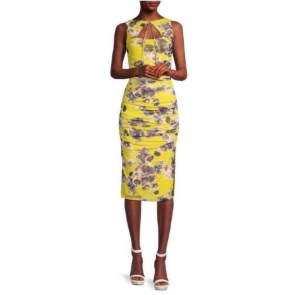 Black Halo Dress Rosalia Sheath Ruched in Gold Blue Floral - Picture 2 of 9